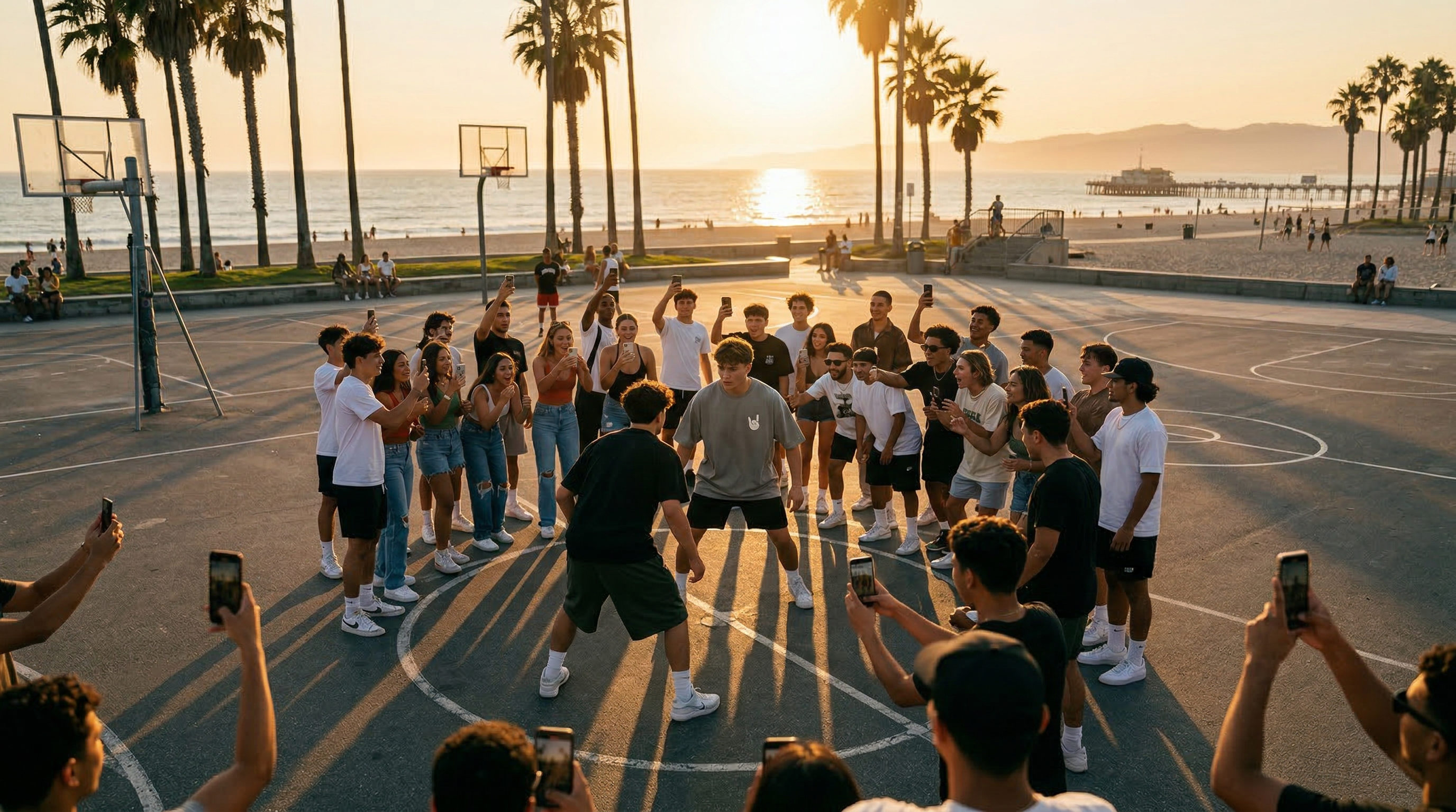 Group of people on a basketball court with palm trees and ocean in the background